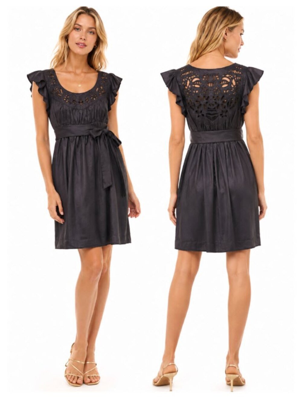 Lipsy London Black Silk Eyelet Mini Dress Cap Sleeve Sundress Size 4